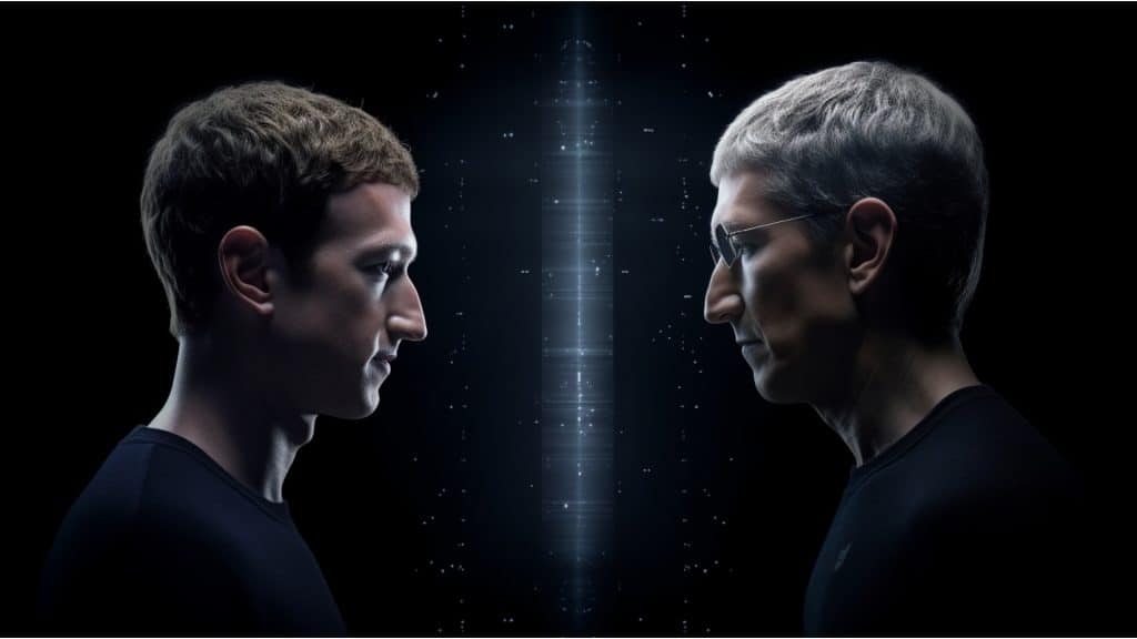 Photo of Mark Zuckerberg and Tim Cook facing off