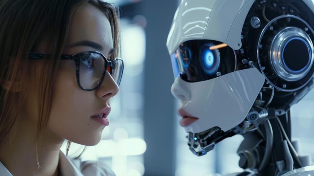 woman wearing glasses facing ai robot