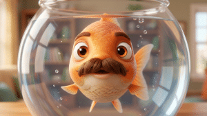 pixar style goldfish with a Ted Lasso mustache