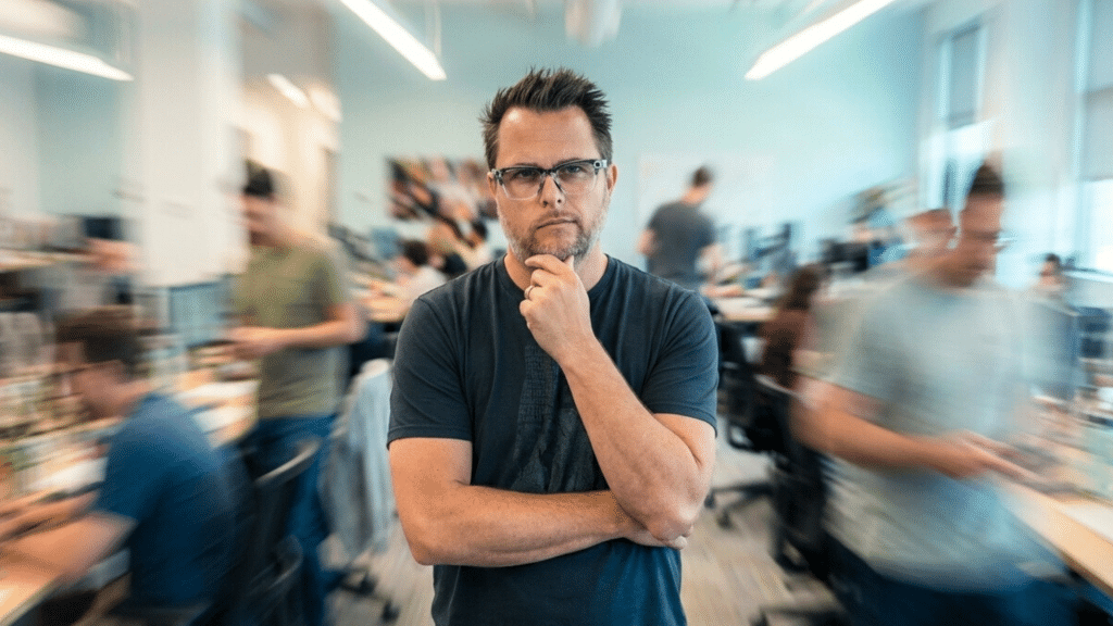 man standing still thinking in a busy office space - pressing pause to think